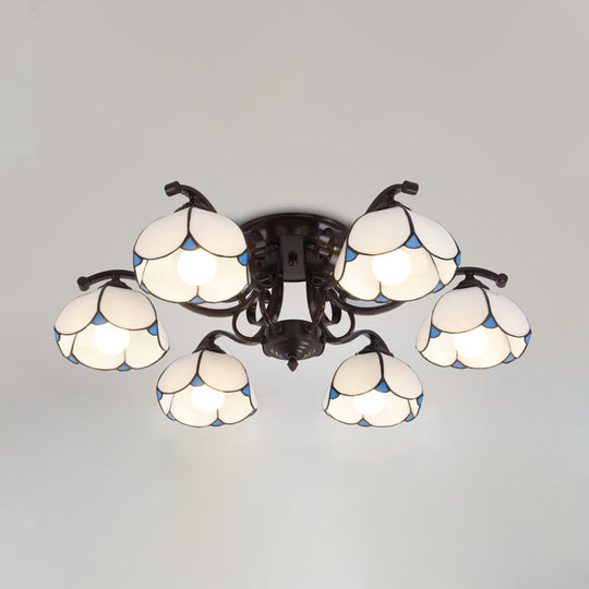 Tiffany Stained Glass Ceiling Lamp: Scalloped Design with Multiple Heads - Gray/White/Blue Flush Mount Light