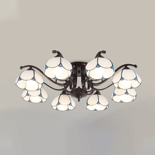 Tiffany Stained Glass Ceiling Lamp: Scalloped Design with Multiple Heads - Gray/White/Blue Flush Mount Light