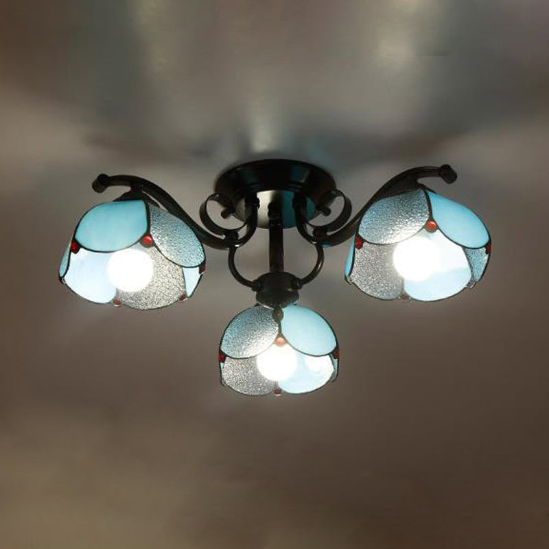 Tiffany Stained Glass Ceiling Lamp: Scalloped Design with Multiple Heads - Gray/White/Blue Flush Mount Light