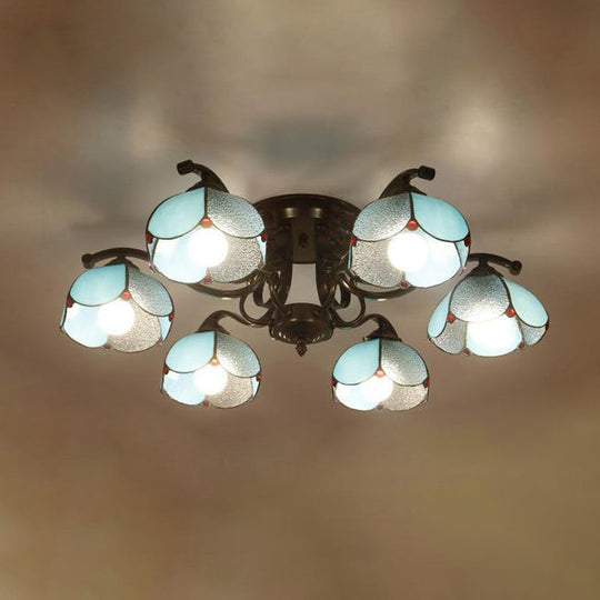 Tiffany Stained Glass Ceiling Lamp: Scalloped Design with Multiple Heads - Gray/White/Blue Flush Mount Light