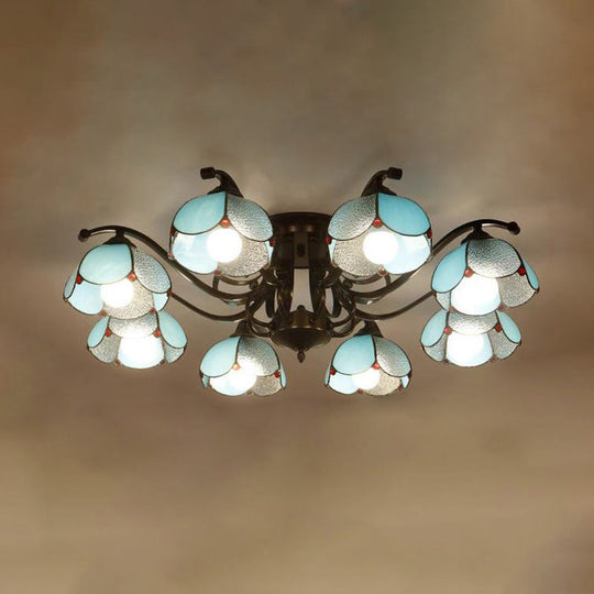 Tiffany Stained Glass Ceiling Lamp: Scalloped Design with Multiple Heads - Gray/White/Blue Flush Mount Light