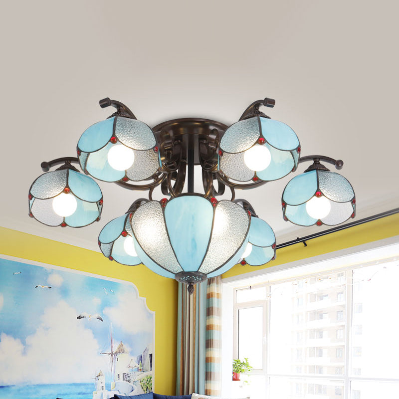 Scalloped Tiffany Gray/White/Blue Handcrafted Glass Ceiling Light Fixture - 9 Heads Semi Flush Mount