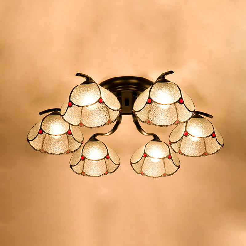 Mediterranean Scalloped Stained Glass Ceiling Fixture with Flush Mount Design - Choose from 3, 6, or 7 Black Heads.