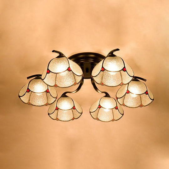 Mediterranean Scalloped Stained Glass Ceiling Fixture with Flush Mount Design - Choose from 3, 6, or 7 Black Heads.