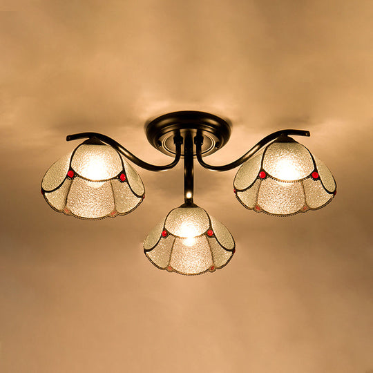 Mediterranean Scalloped Stained Glass Ceiling Fixture with Flush Mount Design - Choose from 3, 6, or 7 Black Heads.