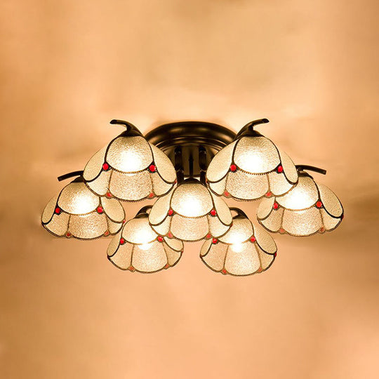 Mediterranean Scalloped Stained Glass Ceiling Fixture with Flush Mount Design - Choose from 3, 6, or 7 Black Heads.