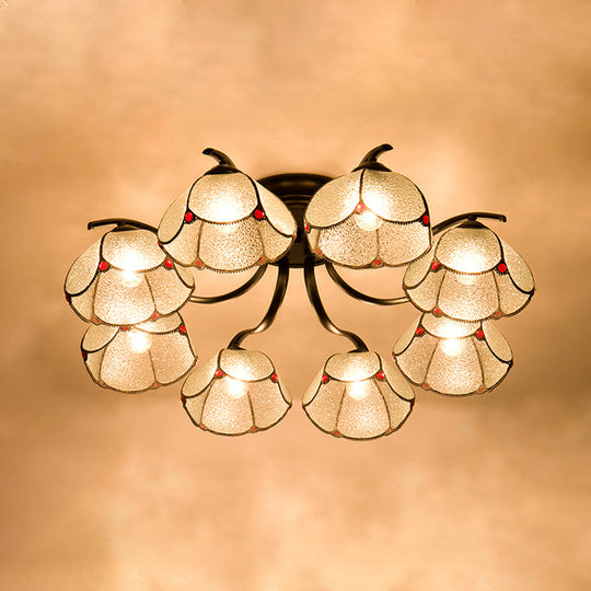 Mediterranean Scalloped Stained Glass Ceiling Fixture with Flush Mount Design - Choose from 3, 6, or 7 Black Heads.