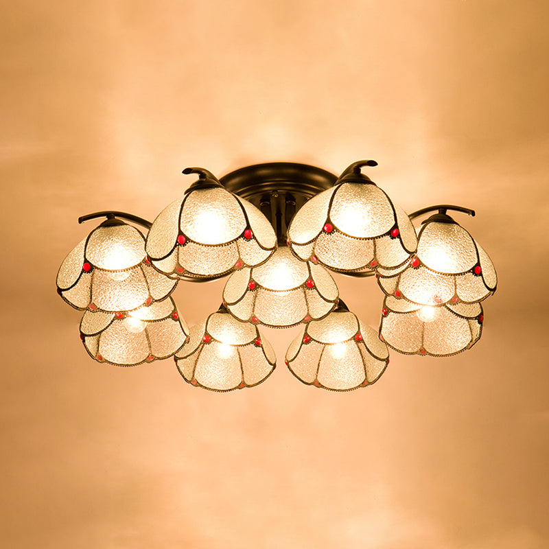 Mediterranean Scalloped Stained Glass Ceiling Fixture with Flush Mount Design - Choose from 3, 6, or 7 Black Heads.