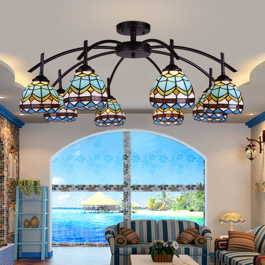 Blue Bowl Stained Glass Semi Flush Mount Lamp - Mediterranean Style with 6/8 Lights, Ceiling Fixture