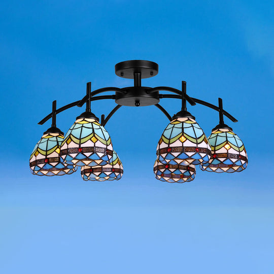 Blue Bowl Stained Glass Semi Flush Mount Lamp - Mediterranean Style with 6/8 Lights, Ceiling Fixture