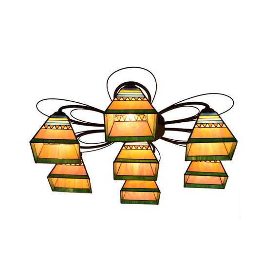 Tiffany Handcrafted Art Glass Semi Flush Light - Orange Pyramid Ceiling Mounted Fixture - 3/7/8 Heads