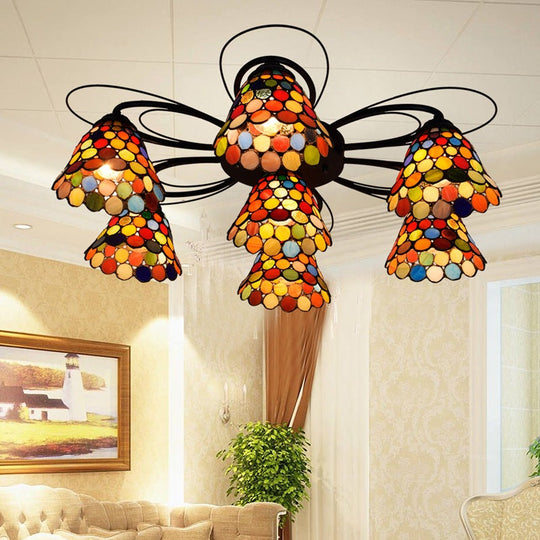 Tiffany Stained Glass Ceiling Light with Multicolored Bell Semi-Flush Mount - 3/7/9 Heads