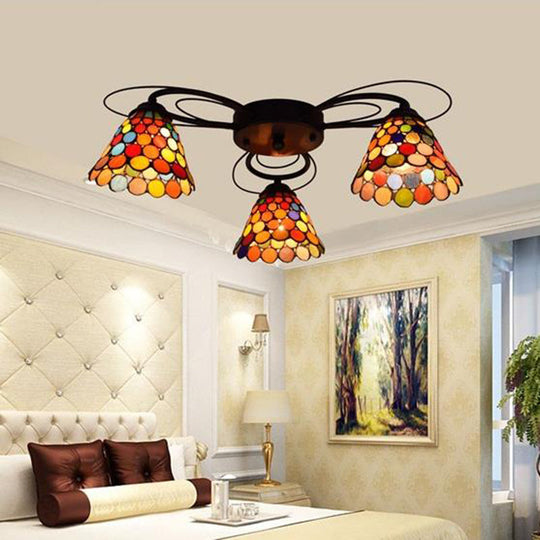 Tiffany Stained Glass Ceiling Light with Multicolored Bell Semi-Flush Mount - 3/7/9 Heads