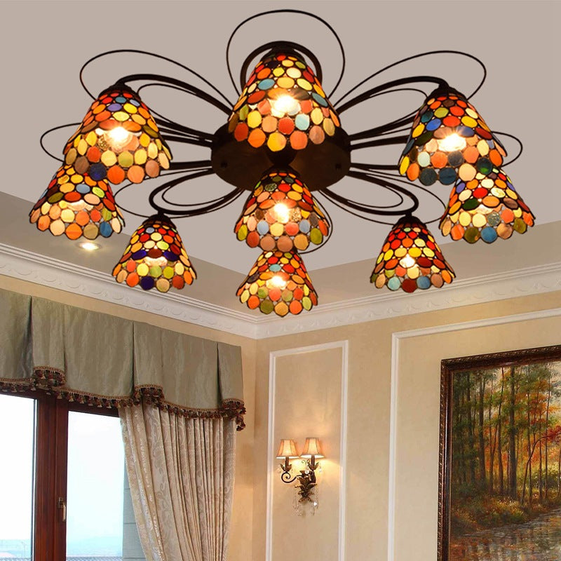 Tiffany Stained Glass Ceiling Light with Multicolored Bell Semi-Flush Mount - 3/7/9 Heads