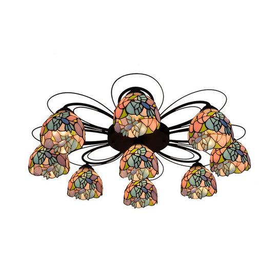 Tiffany Stained Glass Bowl Ceiling Light Fixture - Red/Orange/Green Semi Flush Mount - 3/7/9 Heads