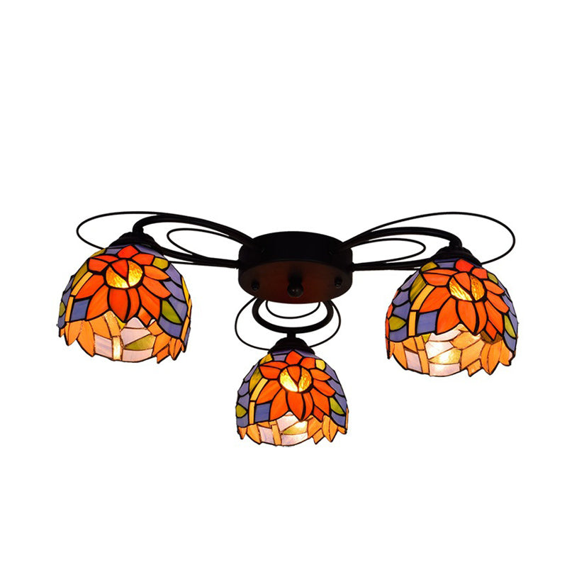 Tiffany Stained Glass Bowl Ceiling Light Fixture - Red/Orange/Green Semi Flush Mount - 3/7/9 Heads