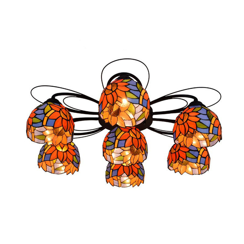 Tiffany Stained Glass Bowl Ceiling Light Fixture - Red/Orange/Green Semi Flush Mount - 3/7/9 Heads