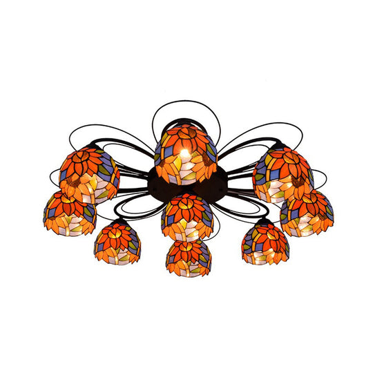 Tiffany Stained Glass Bowl Ceiling Light Fixture - Red/Orange/Green Semi Flush Mount - 3/7/9 Heads