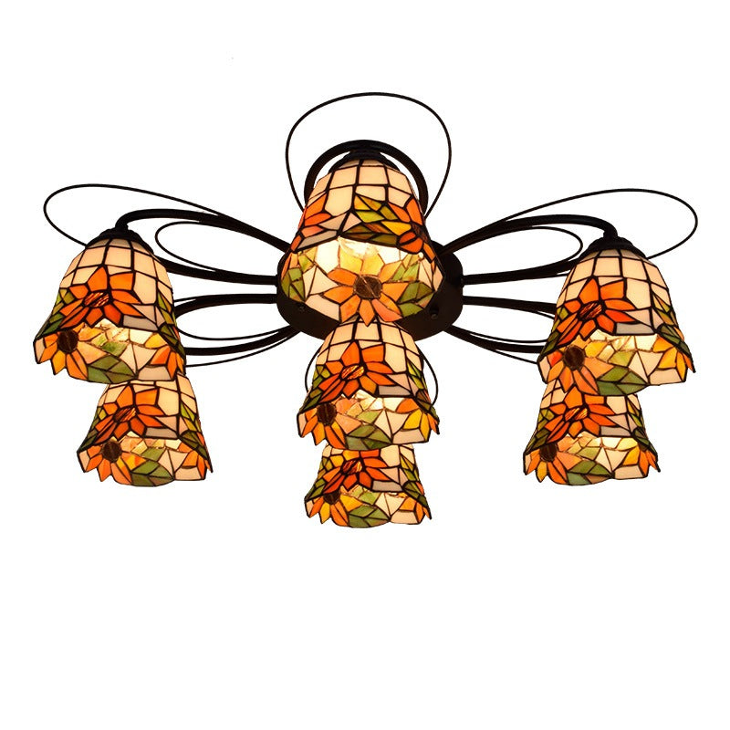 Tiffany Stained Glass Bowl Ceiling Light Fixture - Red/Orange/Green Semi Flush Mount - 3/7/9 Heads