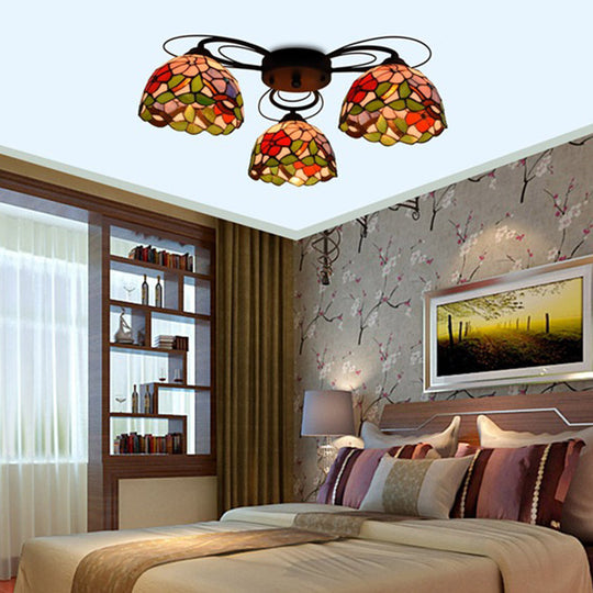 Multicolored Stained Glass Ceiling Light with Orange Peony Tiffany Design - Semi Flush Mount, 3/7/9 Head Options