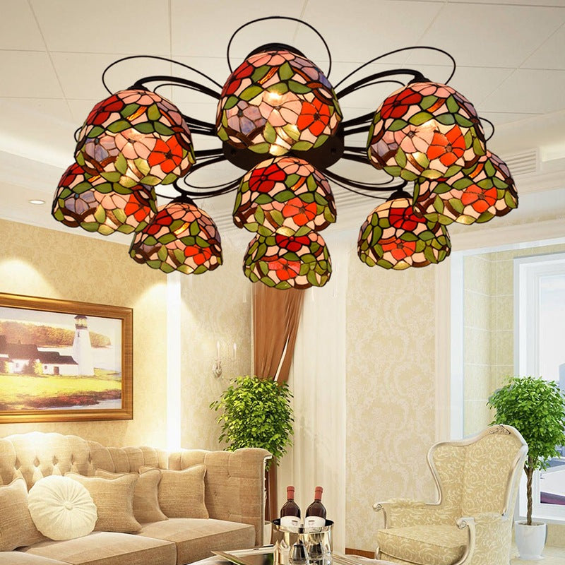 Multicolored Stained Glass Ceiling Light with Orange Peony Tiffany Design - Semi Flush Mount, 3/7/9 Head Options