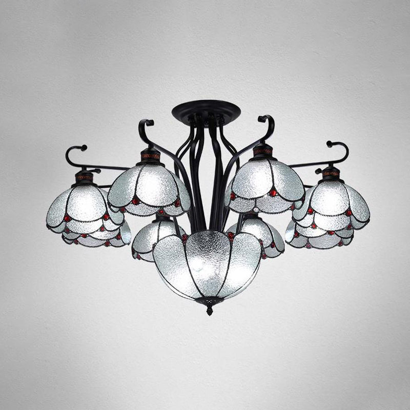 Mediterranean Stained Glass Scalloped Ceiling Lamp - 9 Heads Gray/White/Yellow Light Semi Flush