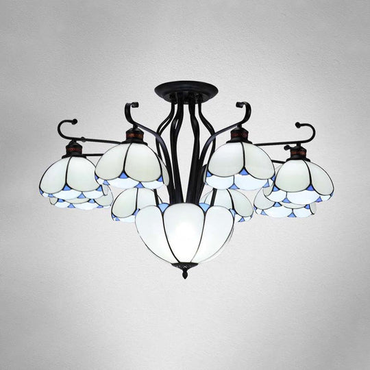 Mediterranean Stained Glass Scalloped Ceiling Lamp - 9 Heads Gray/White/Yellow Light Semi Flush