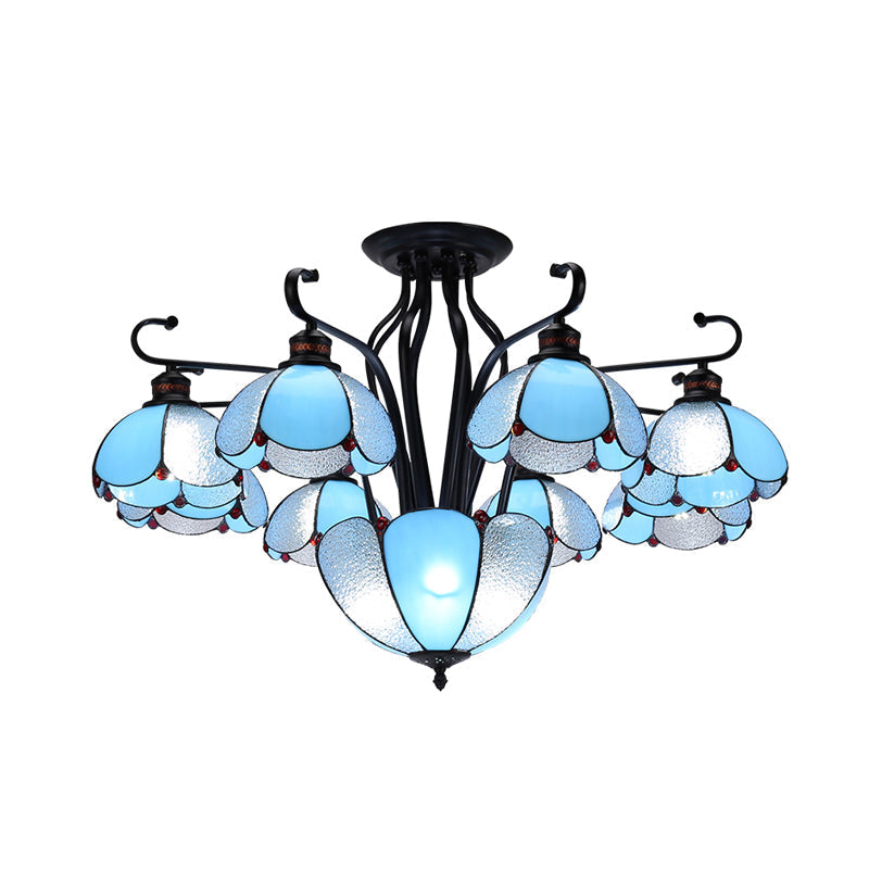 Mediterranean Stained Glass Scalloped Ceiling Lamp - 9 Heads Gray/White/Yellow Light Semi Flush