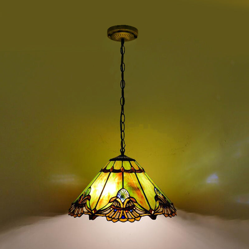 Green Glass Baroque Conical Pendant Light Kit - 1-Light for Dining Room