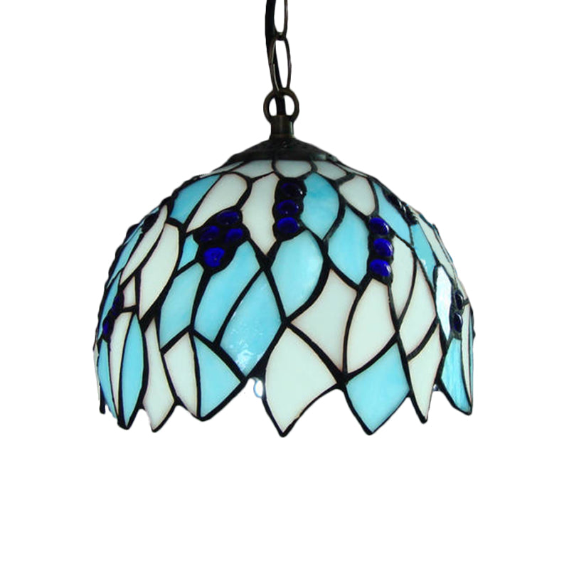 Blue Stained Glass Suspension Lamp - Baroque Style with Domed Shape