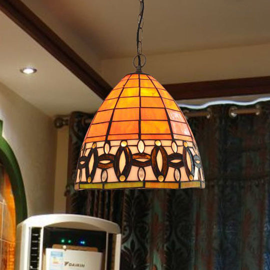 Tiffany Tapered Hanging Lamp: 1-Light Cut Glass Down Lighting Pendant in Orange for Kitchen