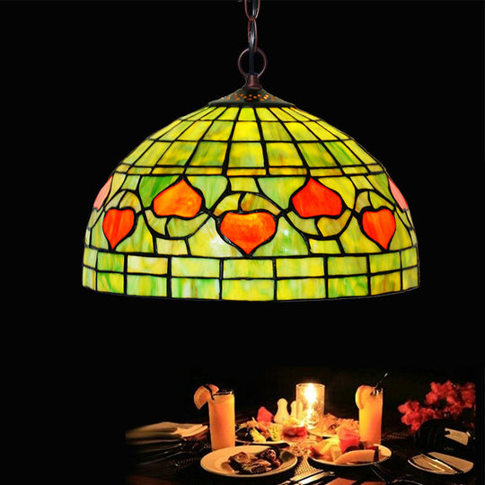 Mediterranean Red/Green Stained Glass Kitchen Pendant Light With Domed Shade Green