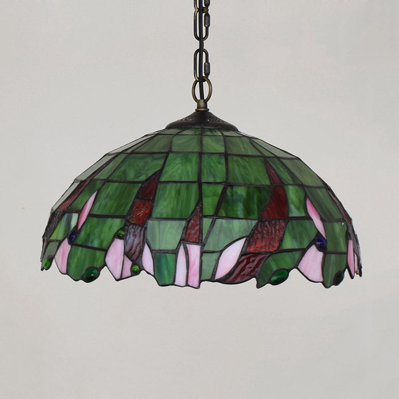 Stylish Green Tiffany Ceiling Pendant Light - Stained Glass Domed Suspension Lamp For Bedroom