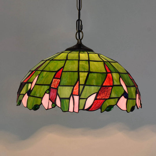 Stylish Green Tiffany Ceiling Pendant Light - Stained Glass Domed Suspension Lamp For Bedroom