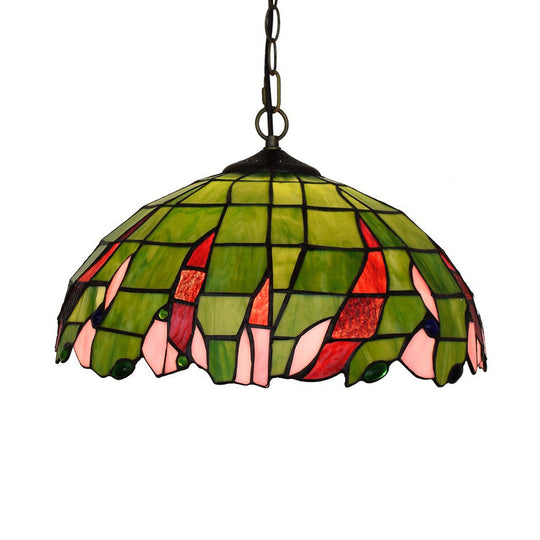 Stylish Green Tiffany Ceiling Pendant Light - Stained Glass Domed Suspension Lamp For Bedroom