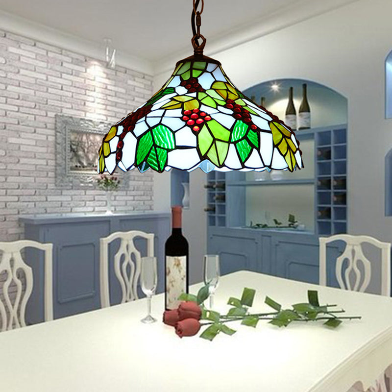 Green Stained Glass Tiffany Style Grape Drop Lamp - 1 Light Suspension Fixture