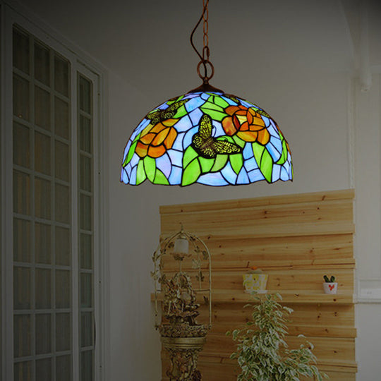 Mediterranean Stained Glass Butterfly Pendant Light Fixture - White/Red Red