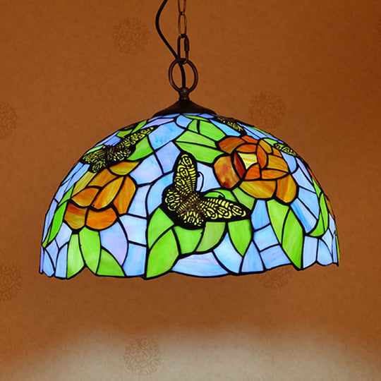 Mediterranean Stained Glass Butterfly Pendant Light Fixture - White/Red