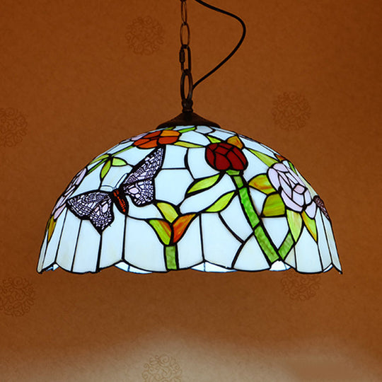 Mediterranean Stained Glass Butterfly Pendant Light: White/Red 1 Light Fixture - Hanging Lamp Kit