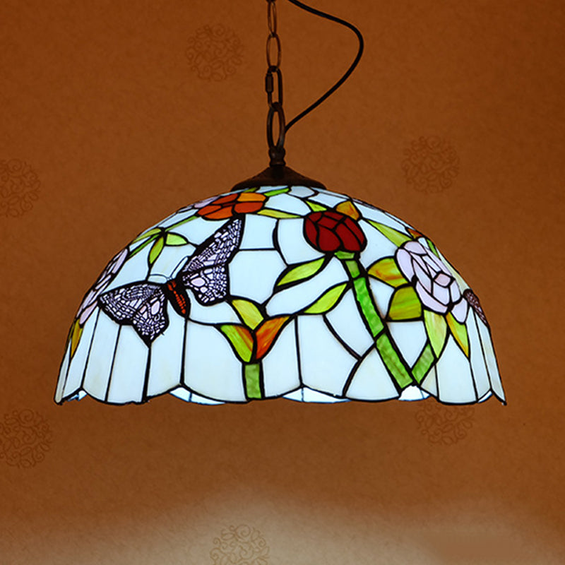 Mediterranean Stained Glass Butterfly Pendant Light Fixture - White/Red White