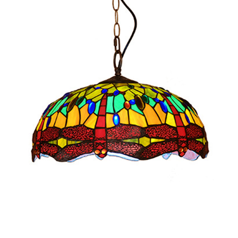 Tiffany Dragonfly Pendant Ceiling Light - 1-Light Stained Glass Fixture in Red/Yellow/Blue for Kitchen