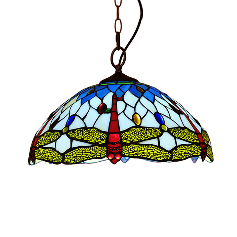 Tiffany Dragonfly Pendant Ceiling Light - 1-Light Stained Glass Fixture in Red/Yellow/Blue for Kitchen