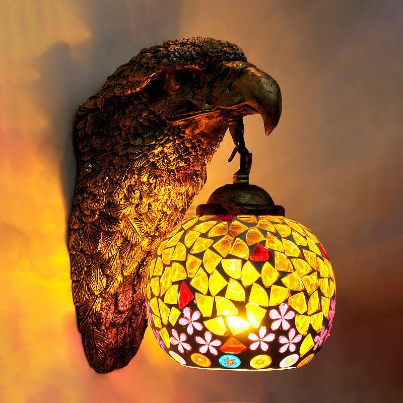 Mediterranean Sconce - Wall Mount Owl Head 1 Light Cut Glass Silver/Beige/Red For Balcony Lighting