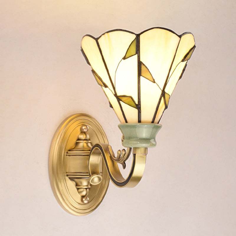 Tiffany Style Cone/Bowl/Flower Cut Glass Wall Sconce Light - 1 For Bedroom Beige/Yellow/Orange Beige