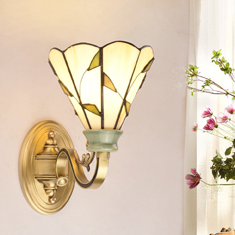 Tiffany Style Cone/Bowl/Flower Cut Glass Wall Sconce Light - 1 For Bedroom Beige/Yellow/Orange