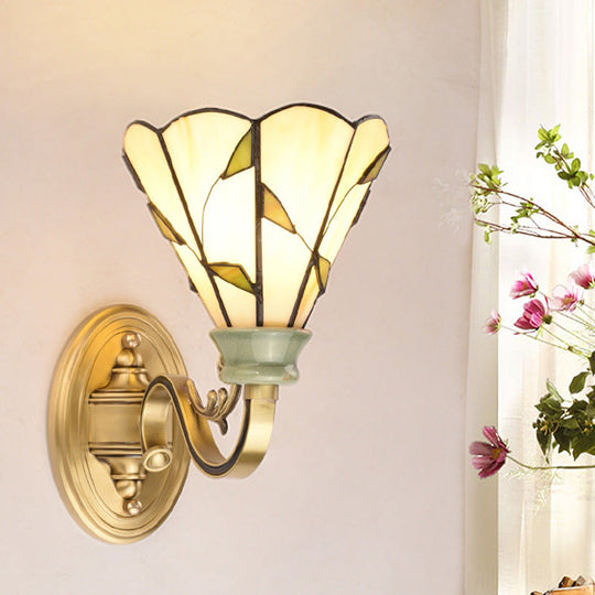 Tiffany Style Cone/Bowl/Flower Cut Glass Wall Sconce Light - 1 For Bedroom Beige/Yellow/Orange