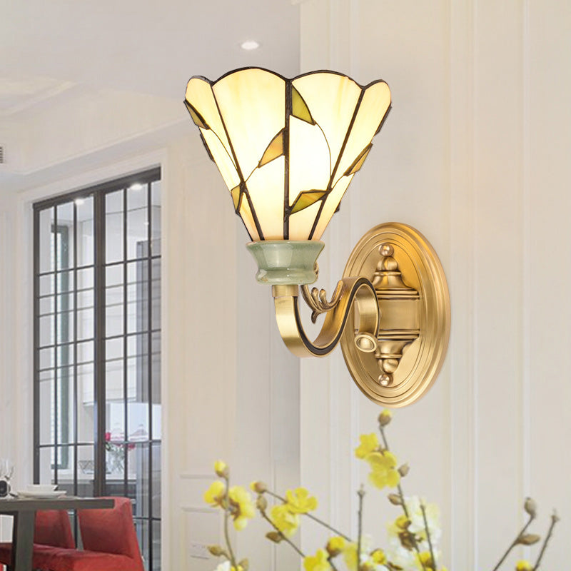 Tiffany Style Cone/Bowl/Flower Cut Glass Wall Sconce Light - 1 For Bedroom Beige/Yellow/Orange