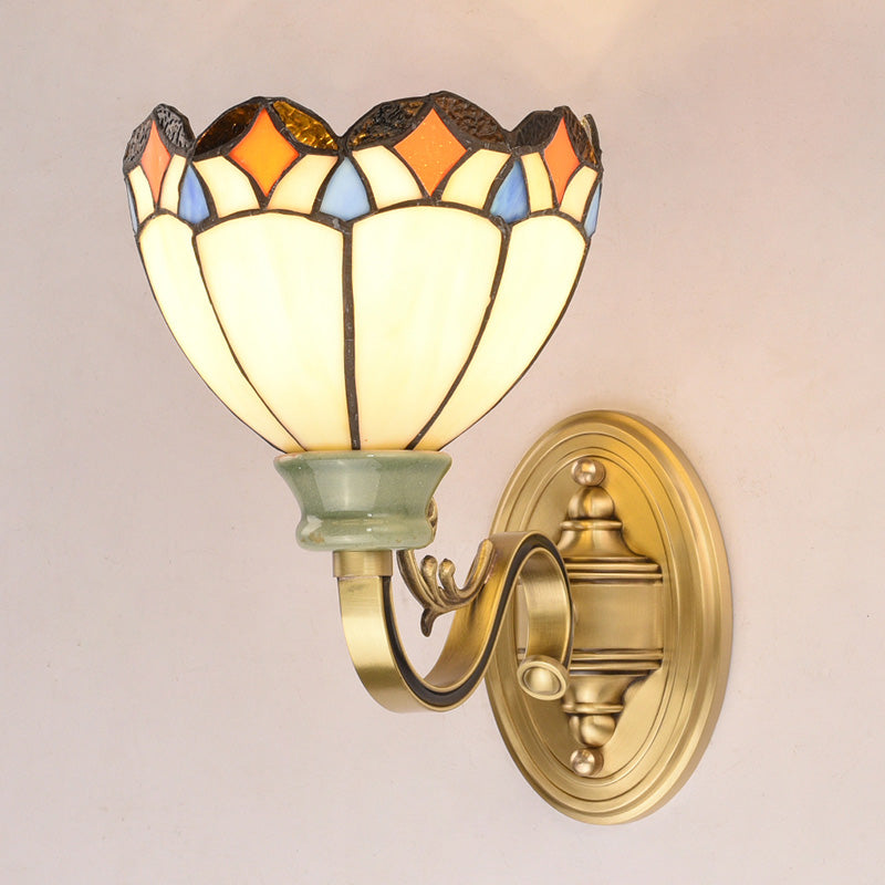 Tiffany Style Cone/Bowl/Flower Cut Glass Wall Sconce Light - 1 For Bedroom Beige/Yellow/Orange