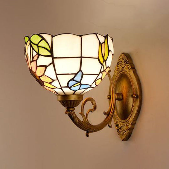 1-Light Stained Art Glass Victorian Sconce In Brass For Bathroom - Grape/Blossom Vanity Lighting