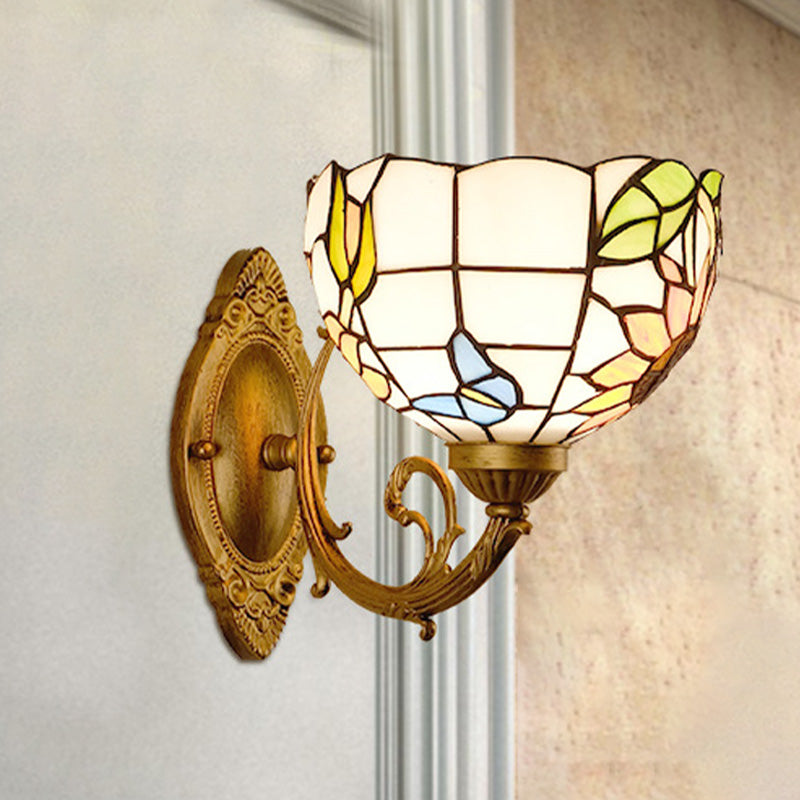 1-Light Stained Art Glass Victorian Sconce In Brass For Bathroom - Grape/Blossom Vanity Lighting